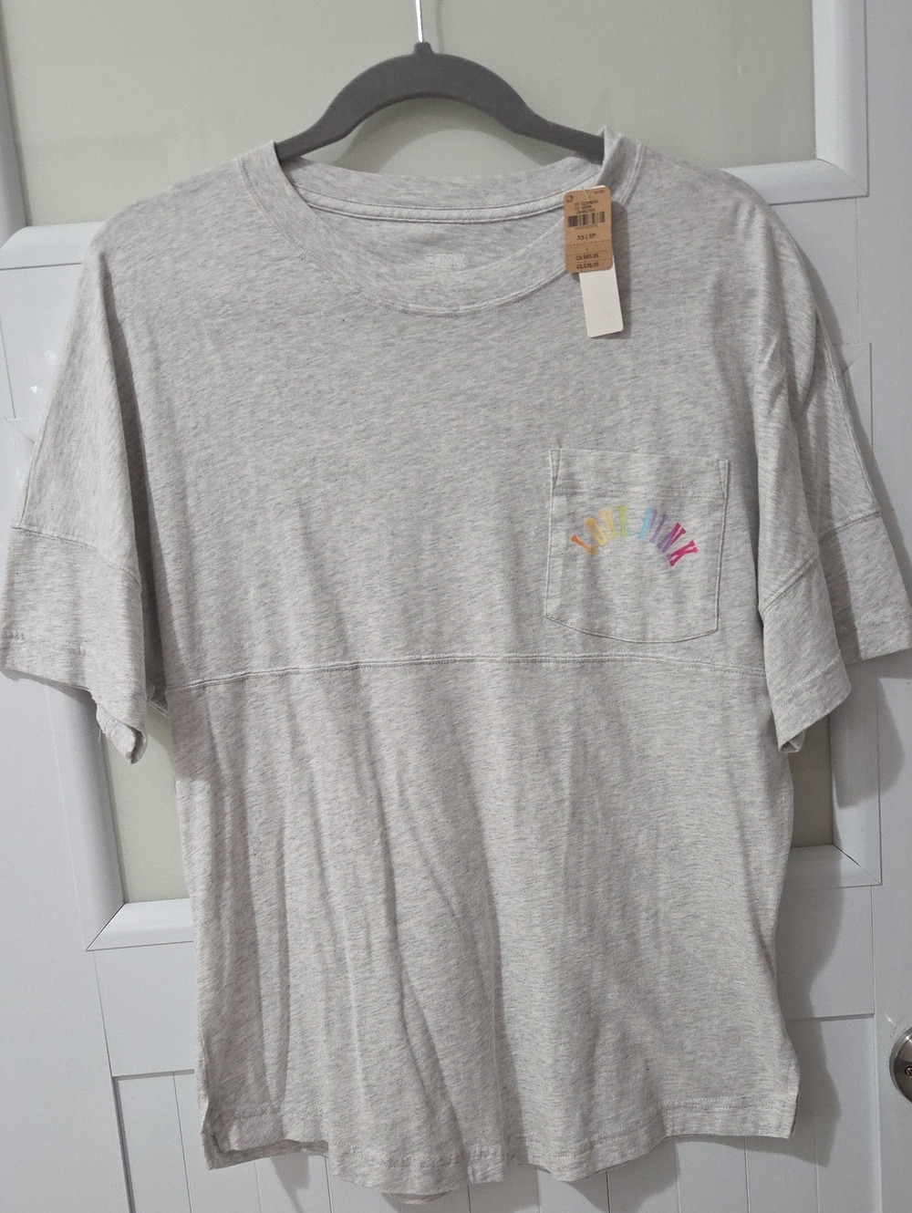 PINK Victoria's Secret Light Gray Pocket Tee with Rainbow Script